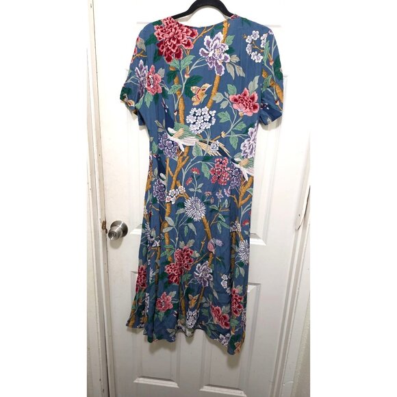 GP& J.Baker x H.M Floral & Bird Patterned Short-Sleeve Max Dress V-Neckline Ligh - Picture 4 of 8
